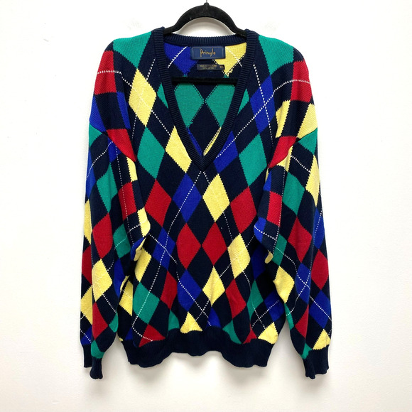 VTG Pringle Men Multicolor Argyle V-Neck Cotton Long Sleeve Pullover Sweater XXL - Picture 1 of 8